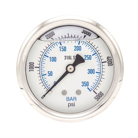 Pro 2 1/2 in Dial, 0/5000 PSI & Bar, 1/4 in NPT, Back Mount Glycerin Filled Pressure Gauge PRO-302L-254R-01
